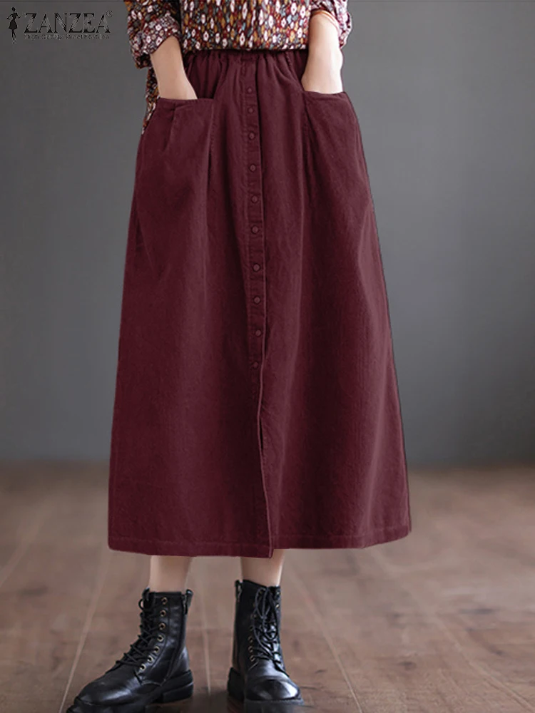 

Autumn Elastic Waist Corduroy Skirts ZANZEA Women Casual Solid Midi Skirt Jupes Vintage A-line Loose Work Faldas Saia Overskirts