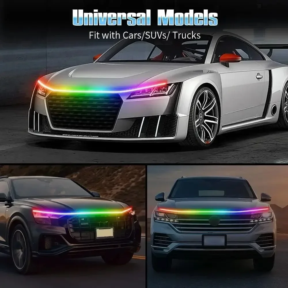 LED Daytime Running Light Starting Car Hood Lights DRL Auto Ambient Decorative RGB Colorful Car Hood Light Strips APP Control