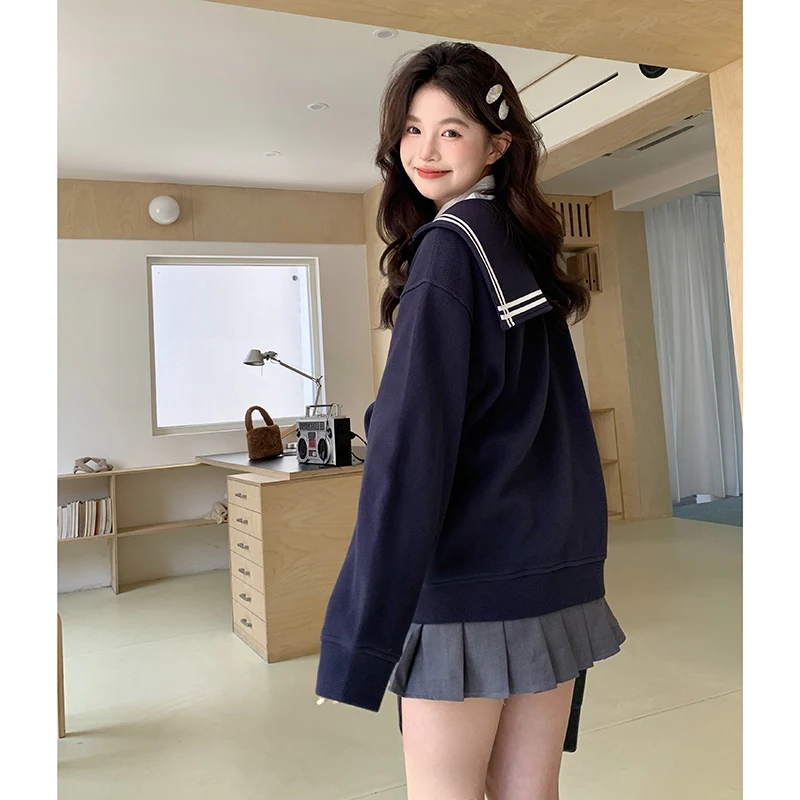 Gray Navy Neck Sweatshirt Jacket Women's College Style Loose Long Sleeve Sailor Suit Cardigan Spring and Autumn JK Jacket