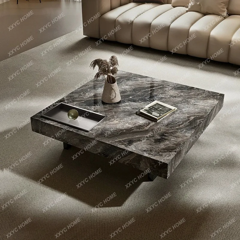 Minimalist marble square coffee table Venice brown living room villa light luxury square rock slab tea table