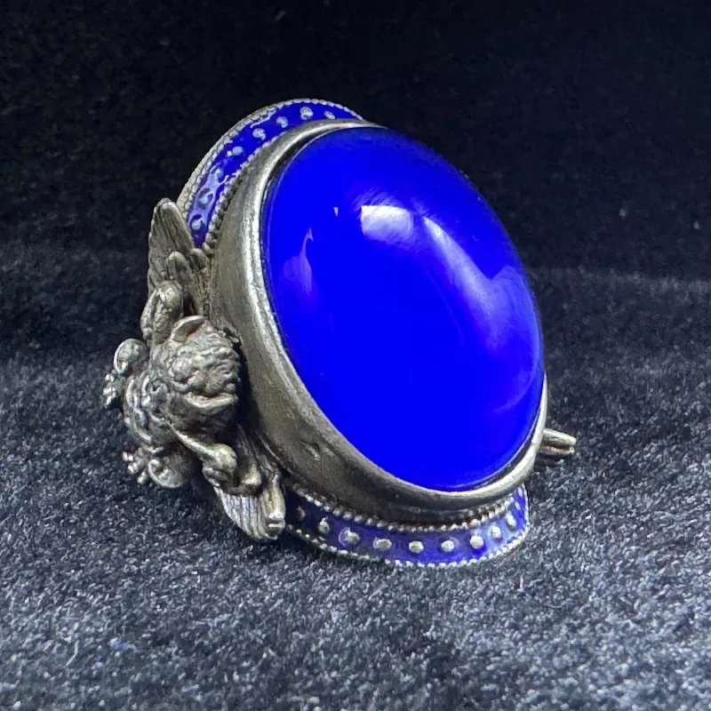 Antiqued Silver-Tone Pixiu Ring, Oval Blue Gem Inlaid Blue Enamel Vintage Statement Finger Jewelry for Men