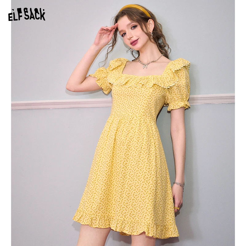 ELFSACK 2024 summer new arrival picnic travel vacation holiday soft comfortable fitted bubble sleeved floral dress slim elegant