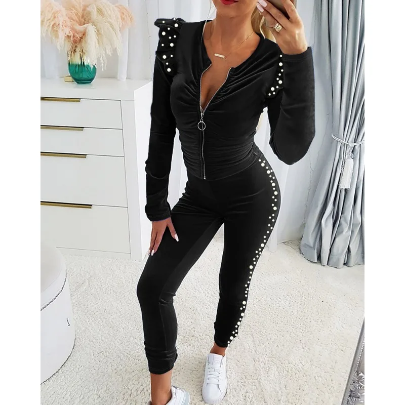 2024 Spring Autumn New Women's Clothing Solid Color Flounced Sleeve Long Sleeve Top Pants Suit Two-Piece Set