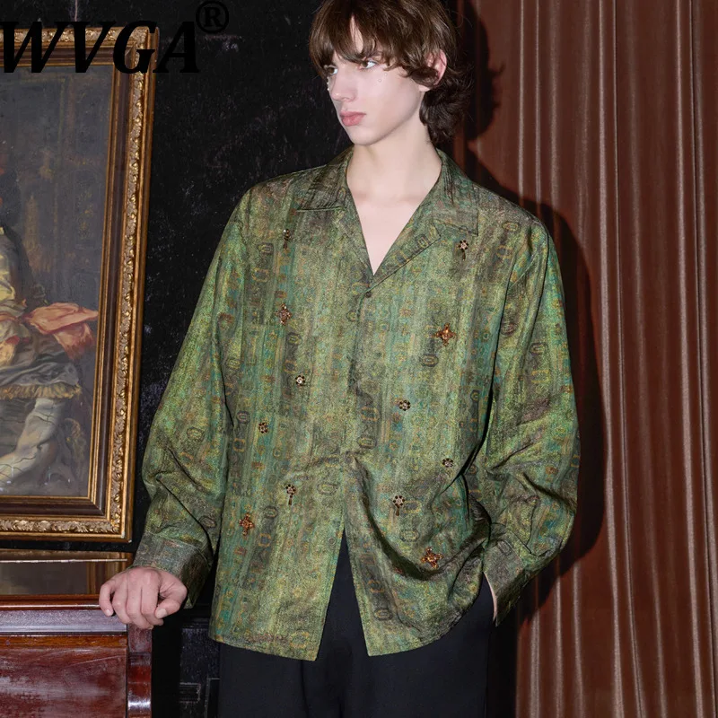 WVGA Spring Autumn New Men's High-end Printed Trendy Long Sleeved Shirt Loose-fit Retro Niche Casual Fashionable Tops Ins W28971