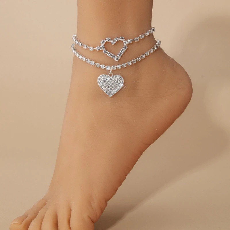 2pcs Heart Rhinestone Ankle Bracelets for Women Girls  Gold Silver Color Shiny Tennis Anklets Twinkle Foot Chain Jewelry Gifts