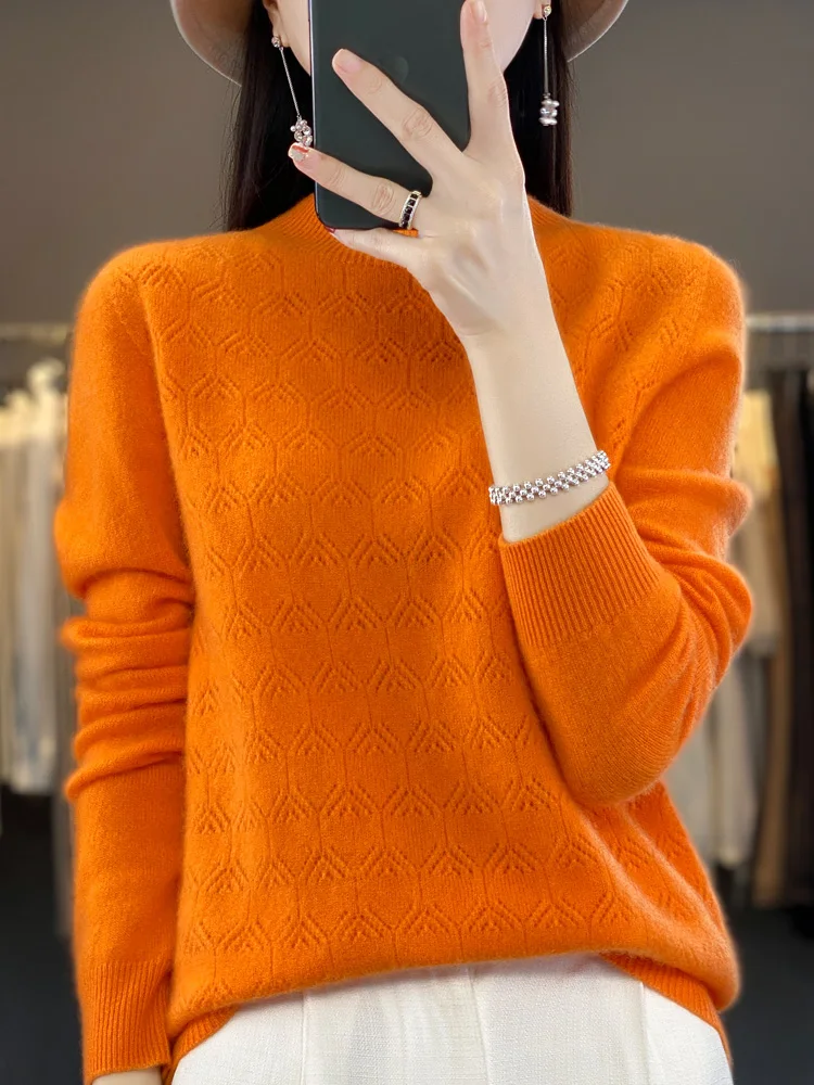 Women Autumn Sweater 100% Merino Wool Pullover Mock Neck Hollow Long Sleeve Cashmere Knitwear Female Clothing 2023 New Fashion