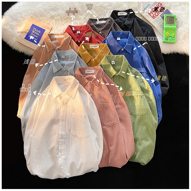 

Весенняя тонкая хлопково-льняная мужская рубашка свободного кроя, однотонная, в корейском стиле, модная повседневная верхняя одежда для молодежи, летняя, с длинным рукавом