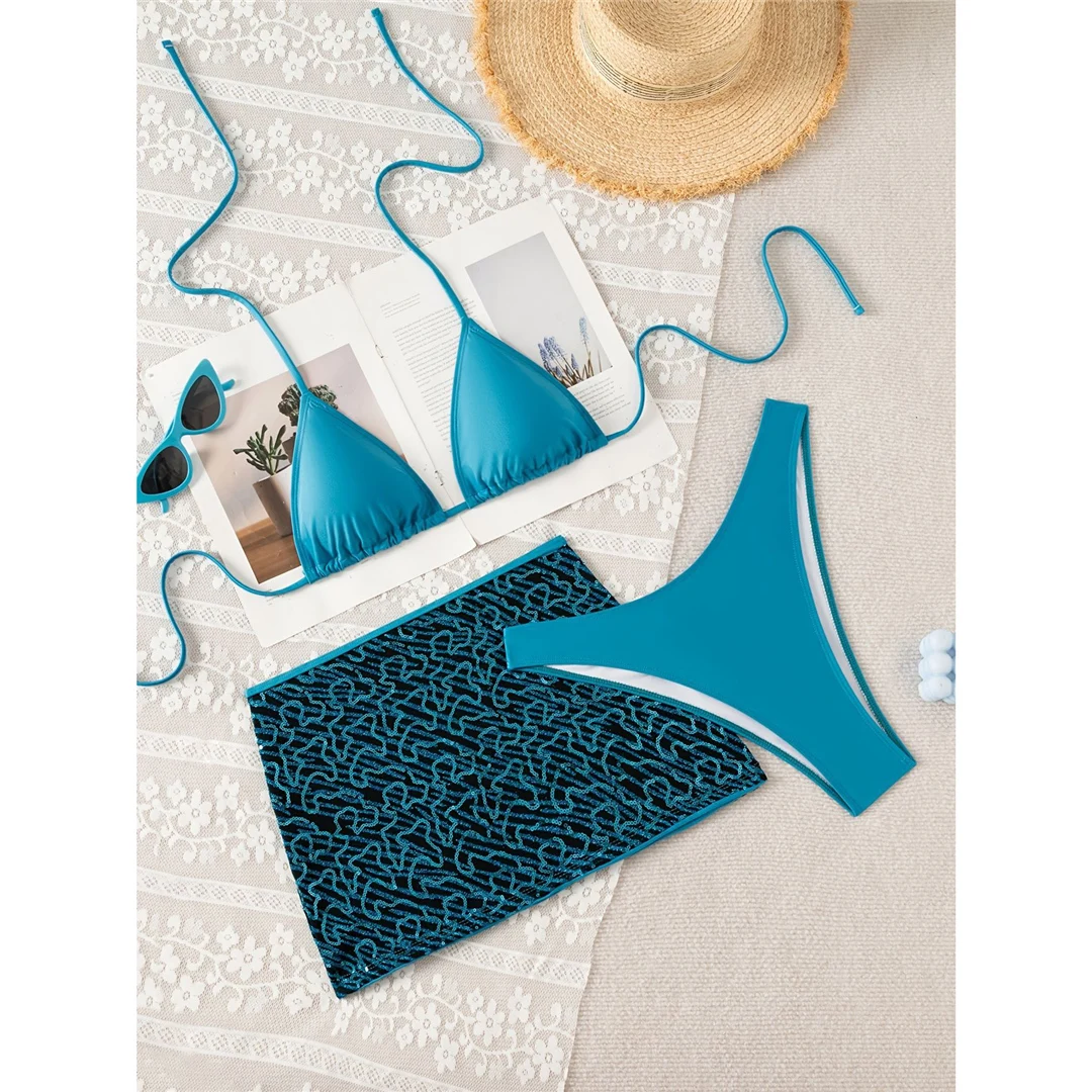 Mit bedrucktem Rock, Neckholder-Bikini, Damen-Badebekleidung, dreiteiliges Bikini-Set, brasilianischer Badeanzug, Badeanzug, Schwimmbekleidung V8177 – Detail 6
