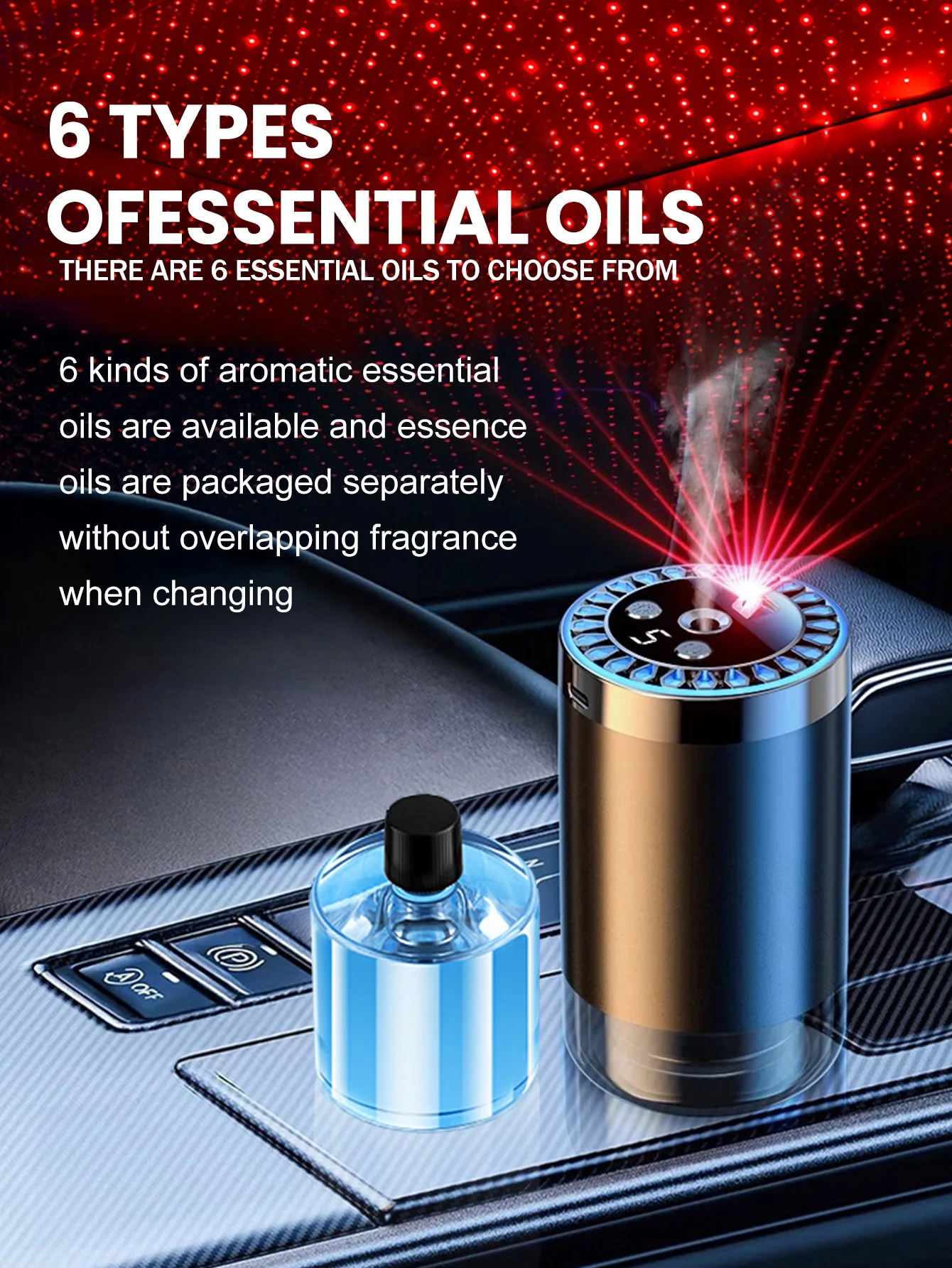 Rechargeable multi-color light romantic starlight lamp, car-mounted aroma diffuser and 5 types of aroma essential oils image 5
