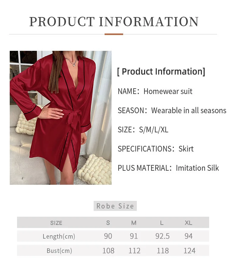 2024 Solid Satin Night Robe Elegant Long Sleeve V Neck Pajamas With Belt Sexy Women Sleepwear