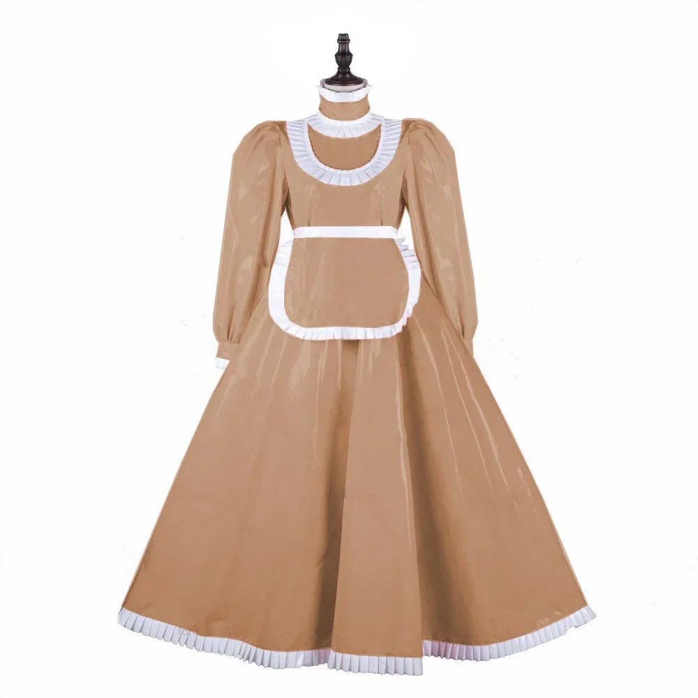 Sexy Cosplay Maid Uniform with Apron,High Neck,Long Ruffle,Lockable Flared Dress,Puff Long Sleeve, Party Costume,Shiny PVC Dress