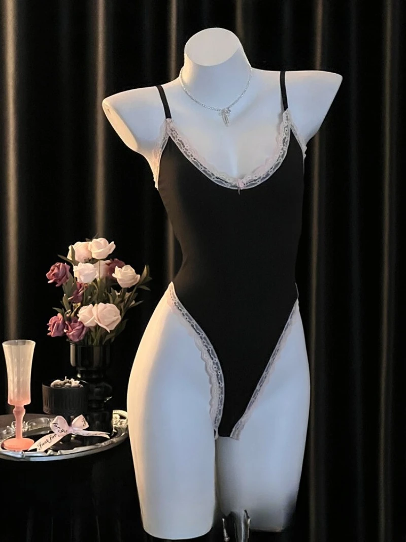 

Sweet Halter Pajama with Hidden Buttons,Sexy Slim Fit One-Piece Lingerie,Pure Desire Lace V-Neck Sleepwear for Women