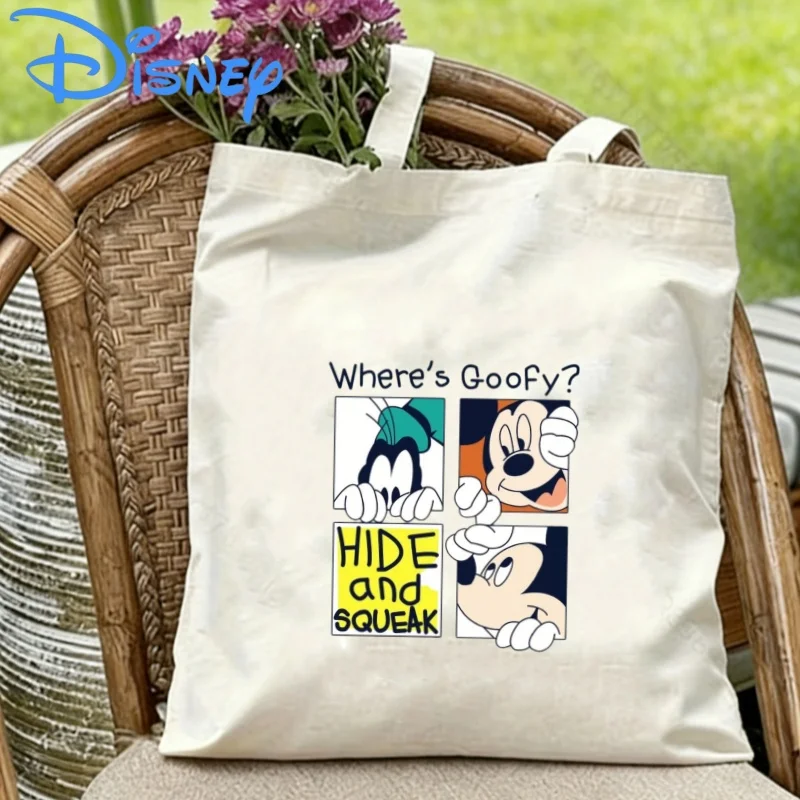

1PC Disney Hide And Seek Goofy Mickey Pluto Four Grid Print Canvas Tote Bag Eco Shopping Casual Shoulder Handbag