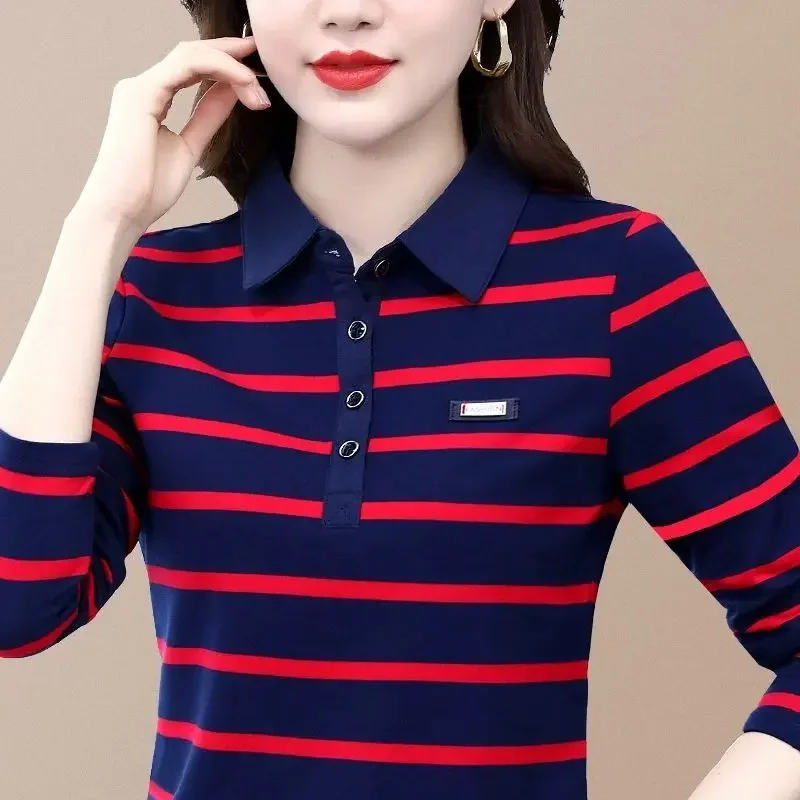 

2025 Spring and Autumn Women's Pullover Polo Neck Stripe Fit Bottom Shirt Casual Fashion Elegant Commuter Long Sleeve Tops ZT159
