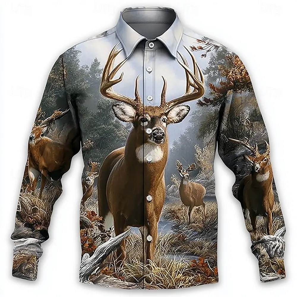 Men's Reindeer Nature & Landscapes Forest Shirt 3D Printed Shirt Button Up Shirt Casual Long Sleeve Shirt Street Blouse for Mens