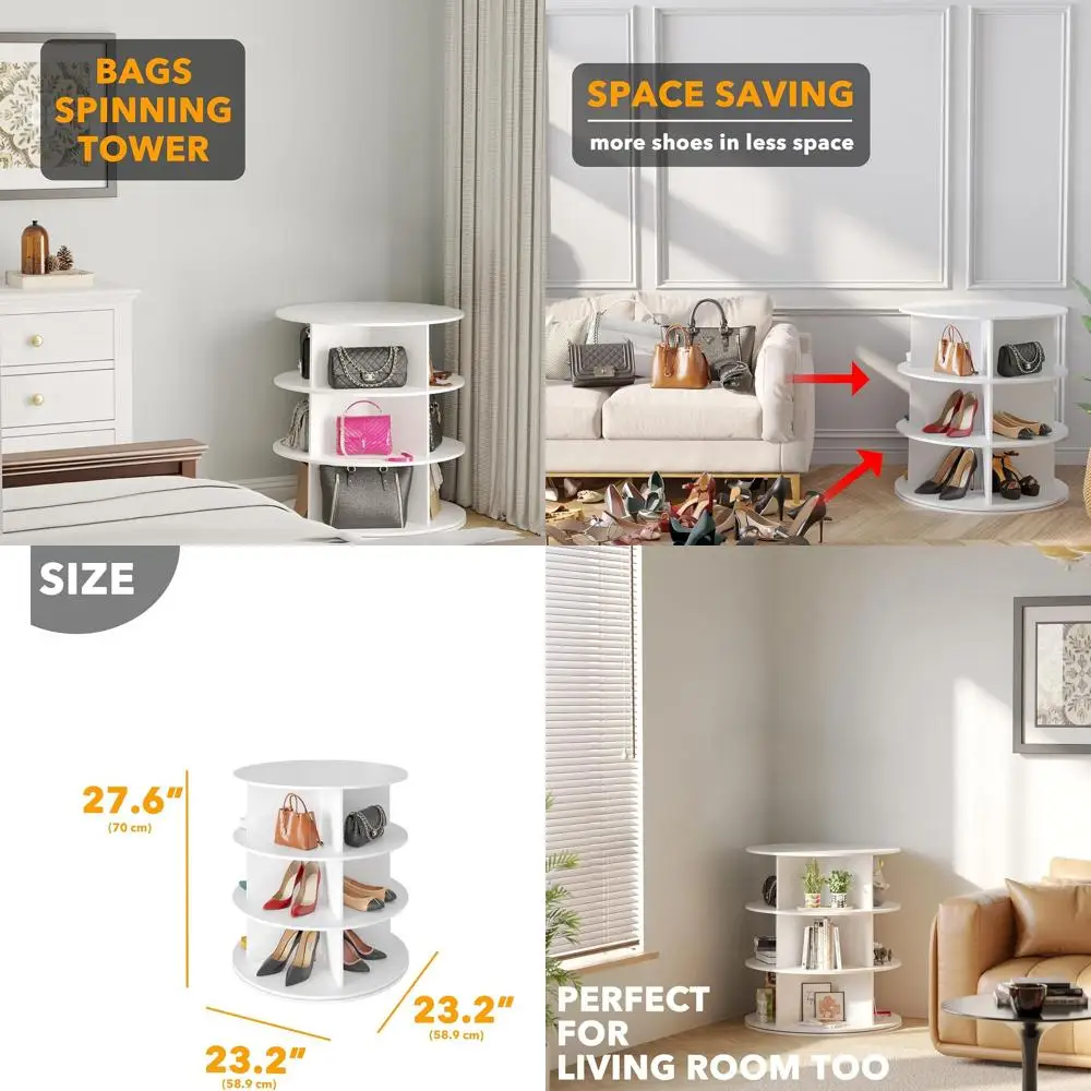 

3-Tier White Rotating Shoe Rack, Spinning Display Carousel, 360-Degree Revolving Storage Organizer for Shoes and Handbags