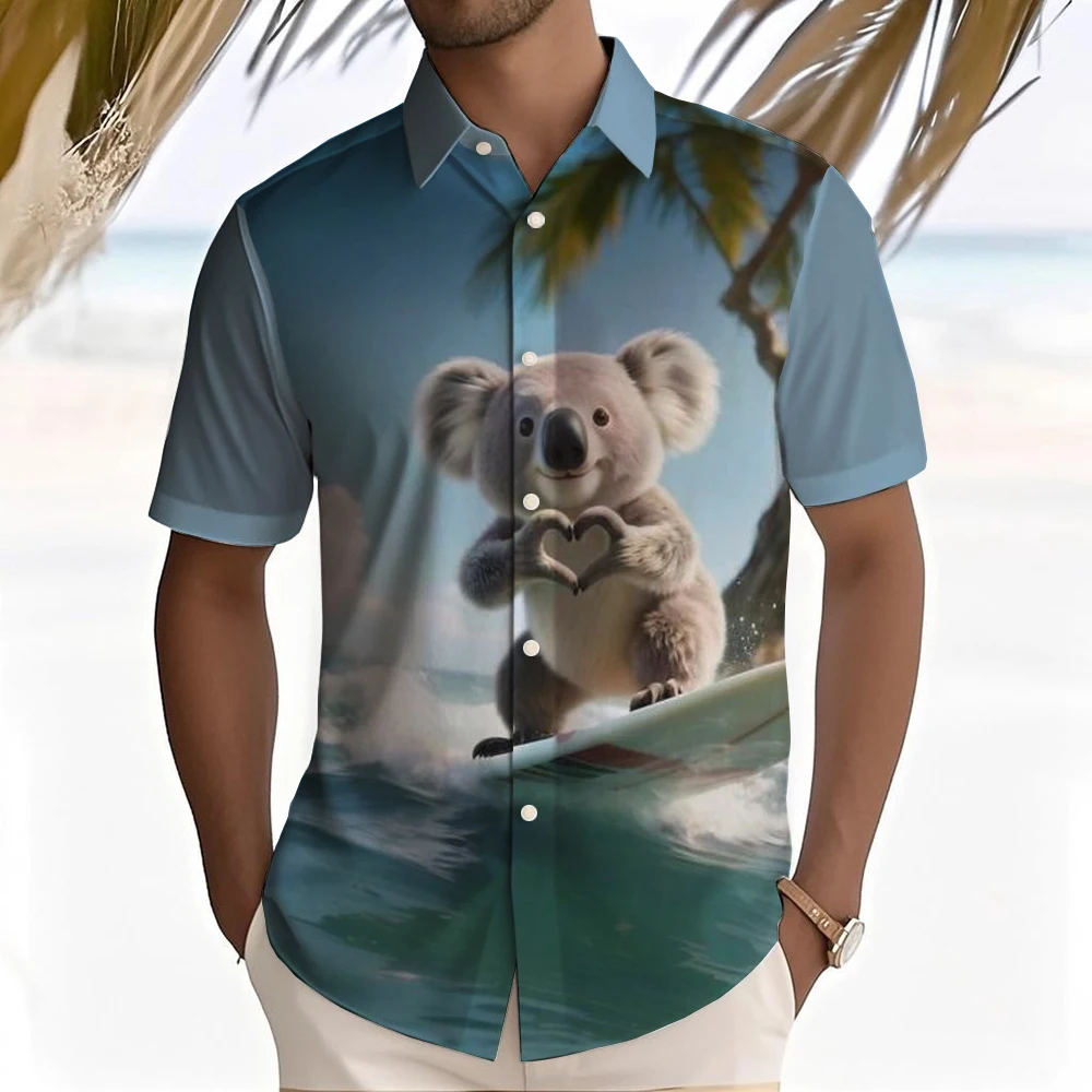 Hawaiian Funny Animals Smiling Shark Chicken Cat Printing Short Sleeve Shirts For Men Clothes Casual Shirt Vacation Blouses Top