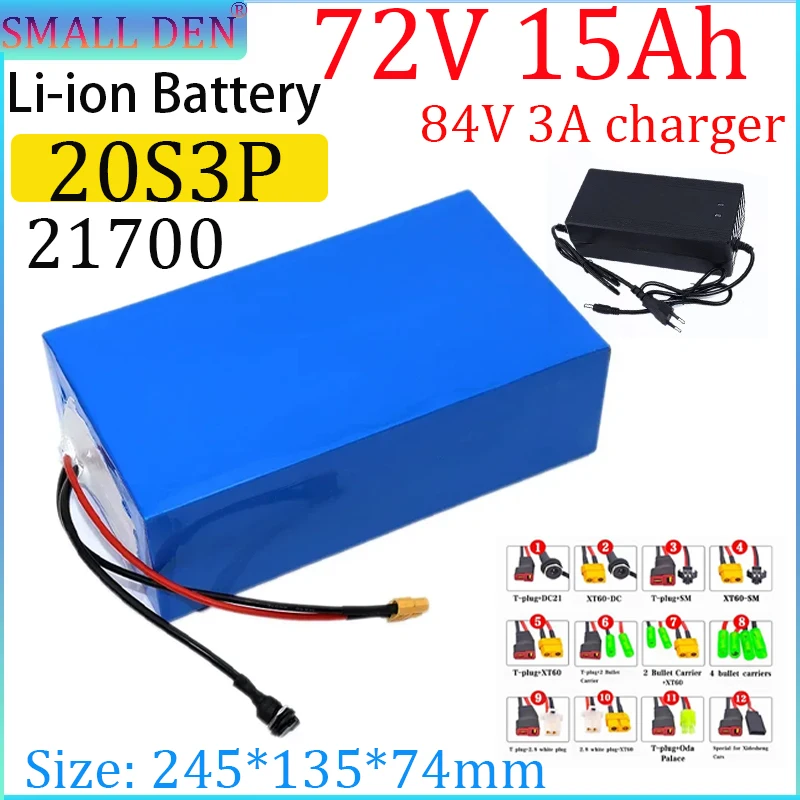 

НОВЫЙ литиевый аккумулятор 72 В, 15 Ач, 20S3P 21700, 15000 мАч, встроенный аккумулятор 30 А BMS для хранения солнечной энергии + зарядное устройство 3 А