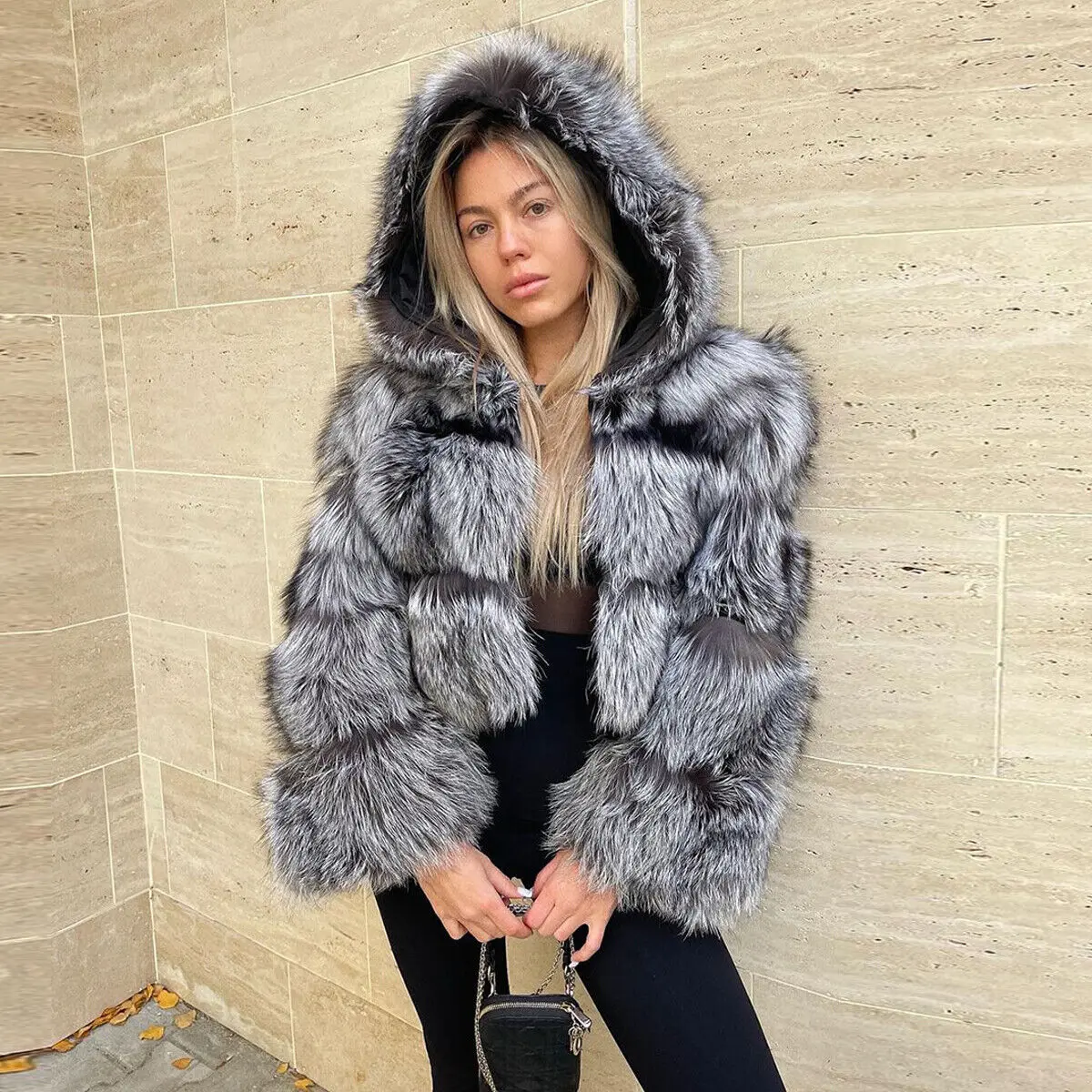 Hooded Sliver Fox Coat Women Winter Luxury Warm Hoodie Outertwear Natural Genuine Bomber Jacket Female