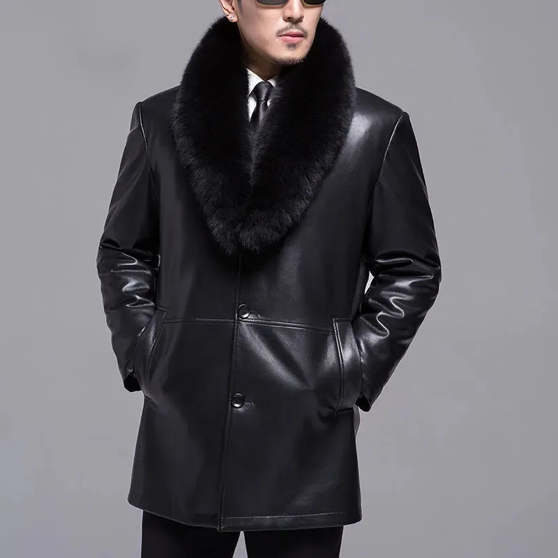 Fox Fur Collar Turn-Down Collar Men Genuine Leather Jacket Long Casual Single Breasted Coats Winter Solid Loose Male Overcoat