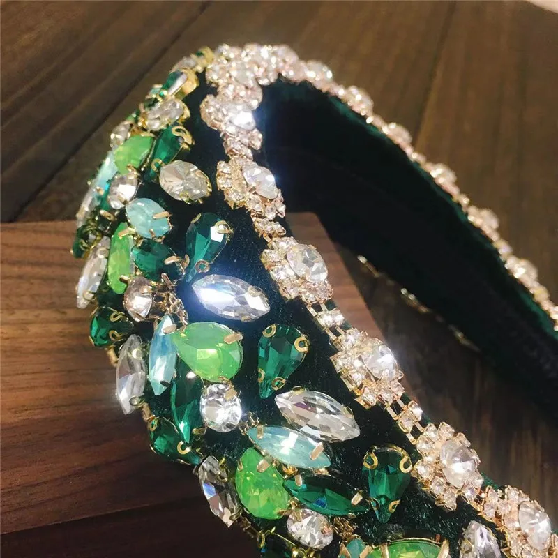 Ins Full Crystal Luxury Baroque Padded Headband For Women Diamond Rhinestone Hairband Wide Green Thick Headwear Wholesale