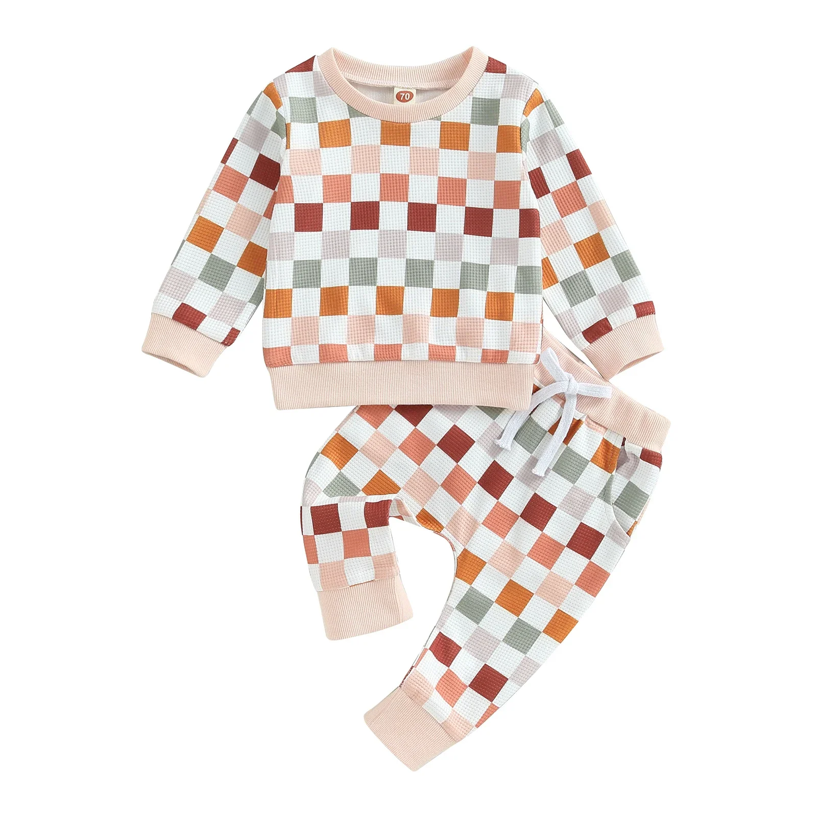 

Baby 2Pcs Fall Outfits Long Sleeve Checkerboard Print Sweatshirt and Pants Set Toddler Clothes