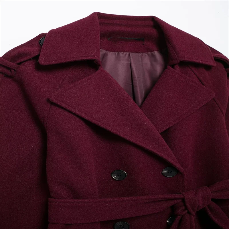 Gabardina de doble botonadura para mujer, chaqueta informal con solapa, rompevientos largo, prendas de vestir clásicas de Tweed, color burdeos, 2024