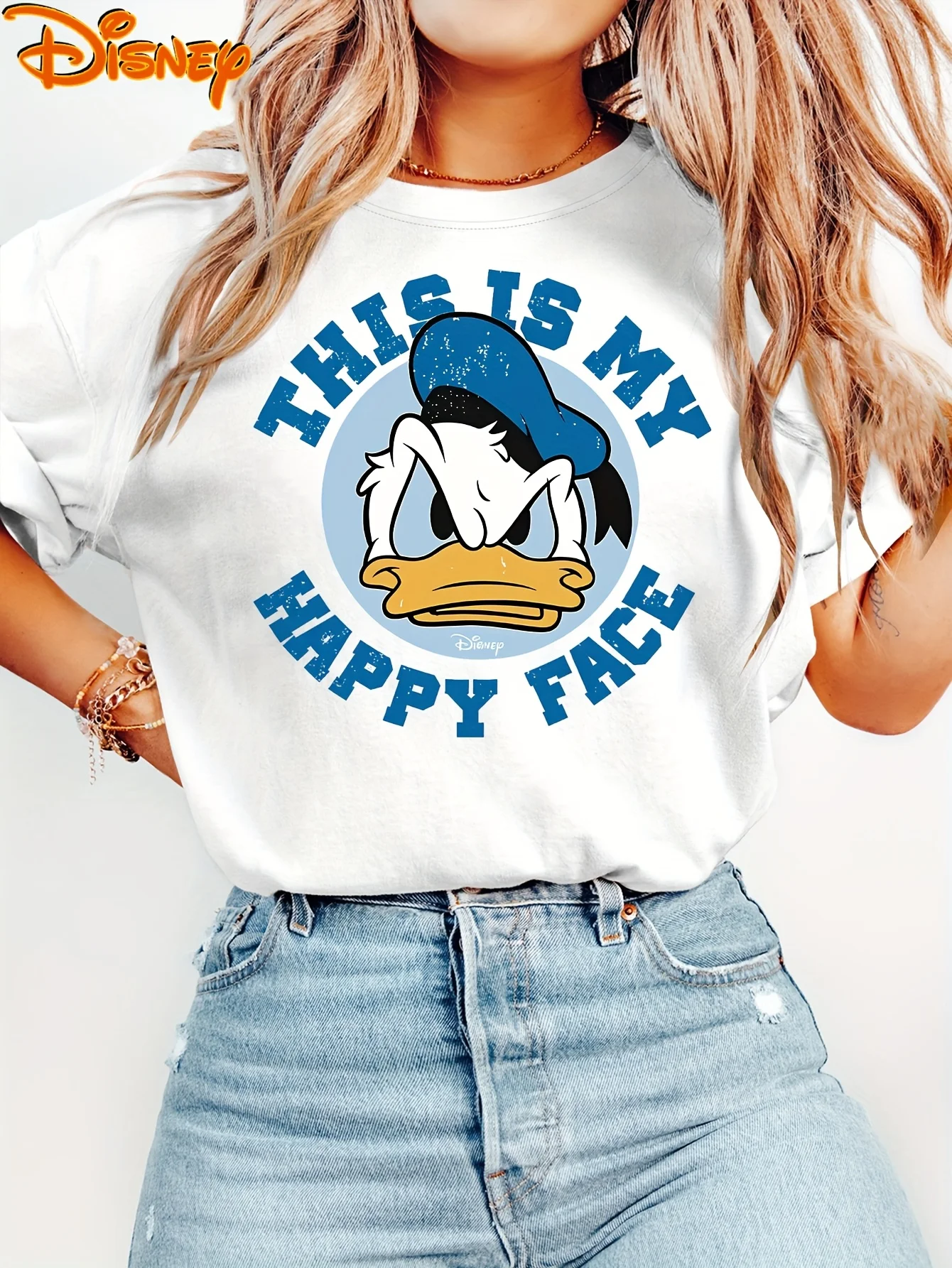 

2025 Disney Pattern Printed Women's Casual Comfortable Unique Smiling Face Black Round Neck Short Sleeve T-shirt