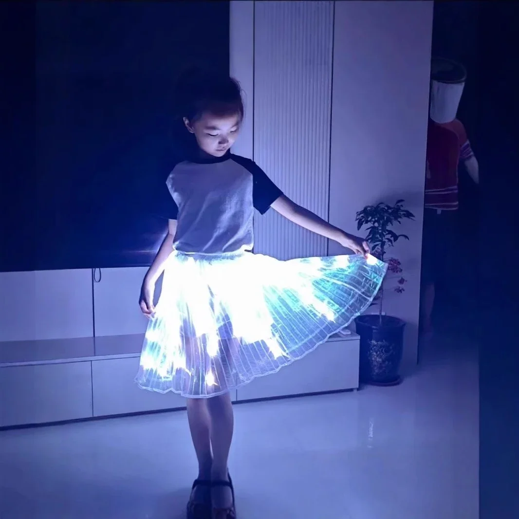 Electronic Lighting Dance Costume Skirt for Child Rechargeable LED Skirt Chiffon Dance Outfit Performance Accessories Prop