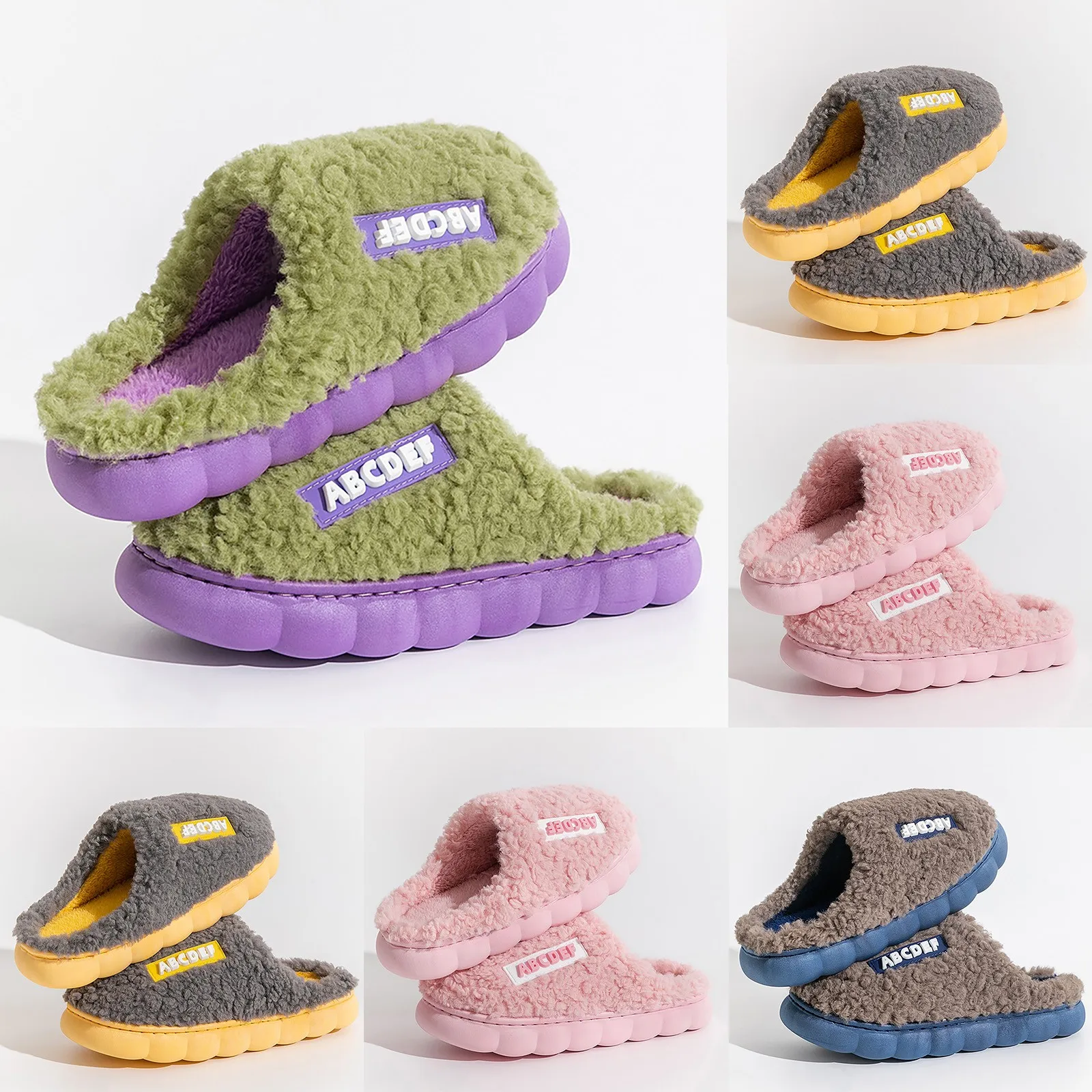 Women Slippers Winter Home Furry Slippers Color Patchwork Cotton Shoes Female Indoor Non-Slip Warm Comfortable Plush Slides