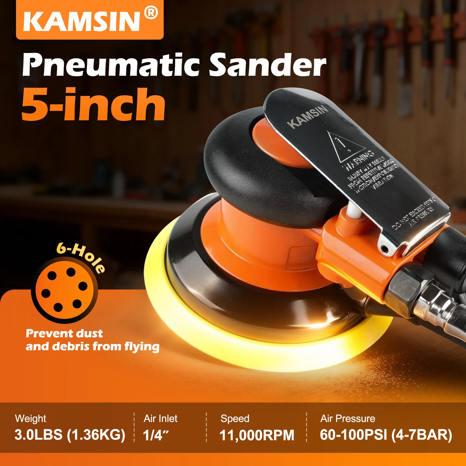 KAMSIN 5 inch Pneumatische Schuurmachine Air Sander Schuurmachine Polijstmachine Tool 125mm Air Power Sande