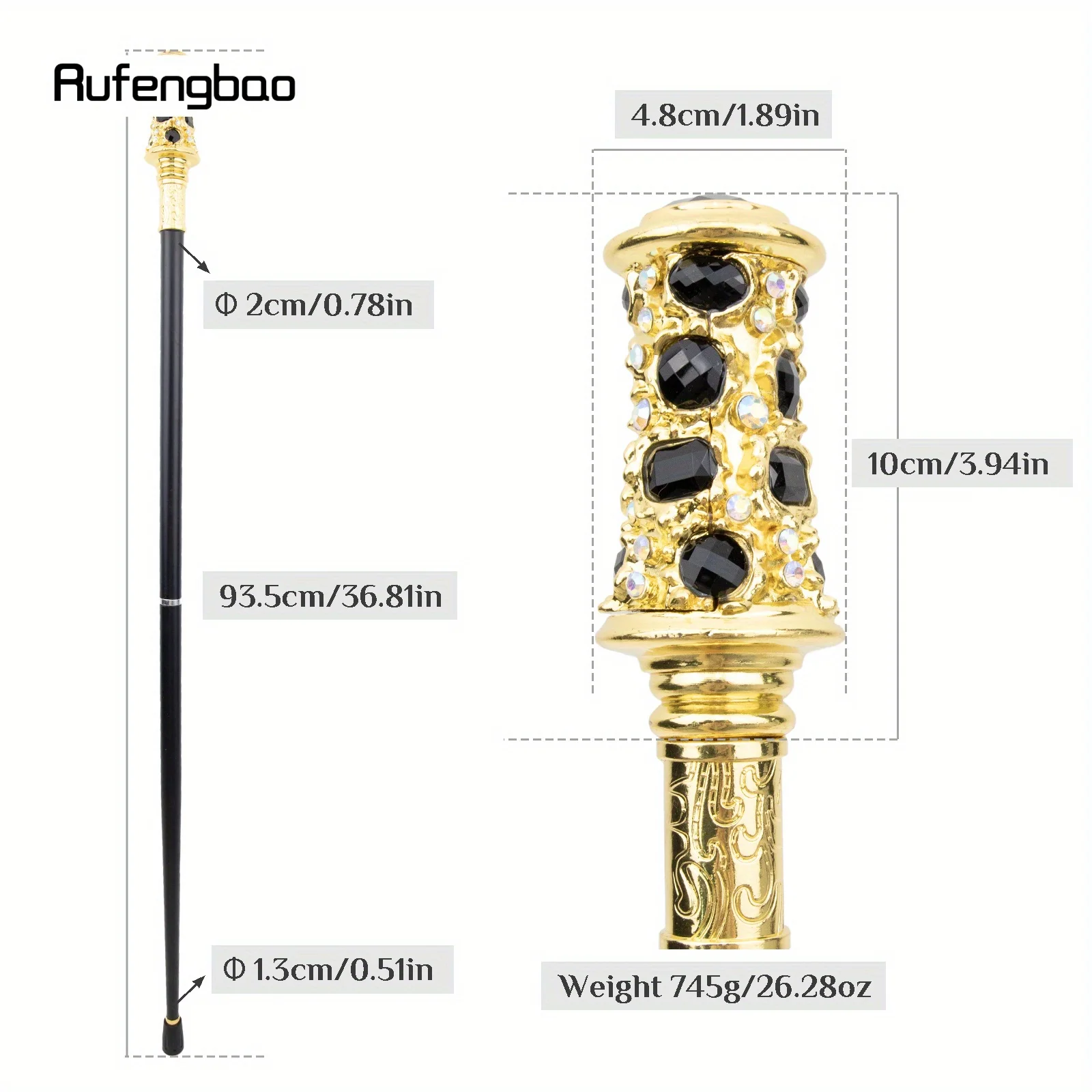 Black Artificial Diamond Cane Fashion  Stage Cane Decorative Stick Cane  Halloween For Cosplay And Parties, For Cosplay & Party