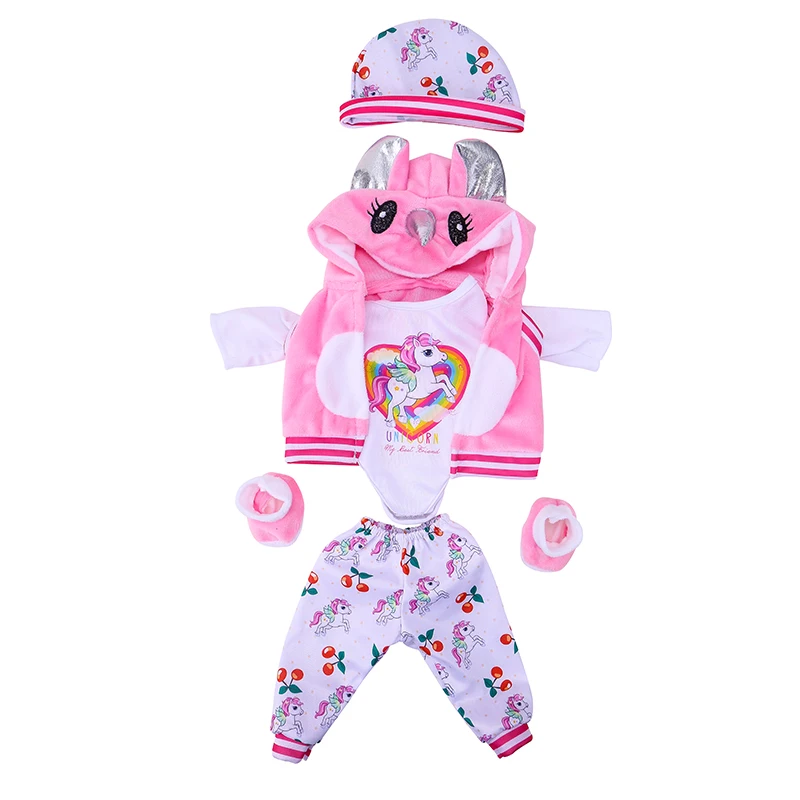 2024 New Born New Baby Fit 18 inch 43cm Doll Clothes Accessories 5-piece Rose Red Unicorn One-piece Dress For Baby Birthday Gift