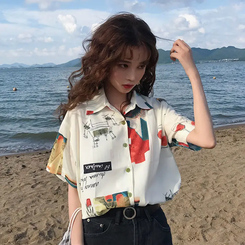 2021 Harajuku Shirt Short Sleeve Tees Chiffon Blouse for Women Women\'s Summer Tunic 2021 Fashion Women Hawaiian Shirt Cute Tops