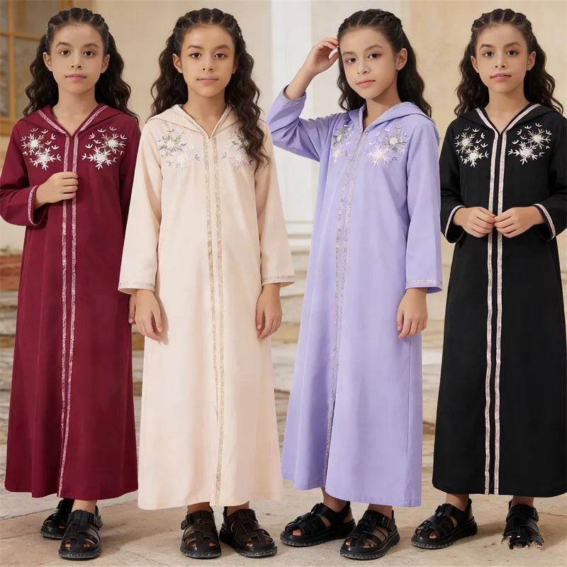 

Вышитые абайи для девочек, мусульманские детские платья с капюшоном, джеллаба на Ид, новый марокканский кафтан, турецкий кебайя, рамадан, исламская джалабия, кафтан