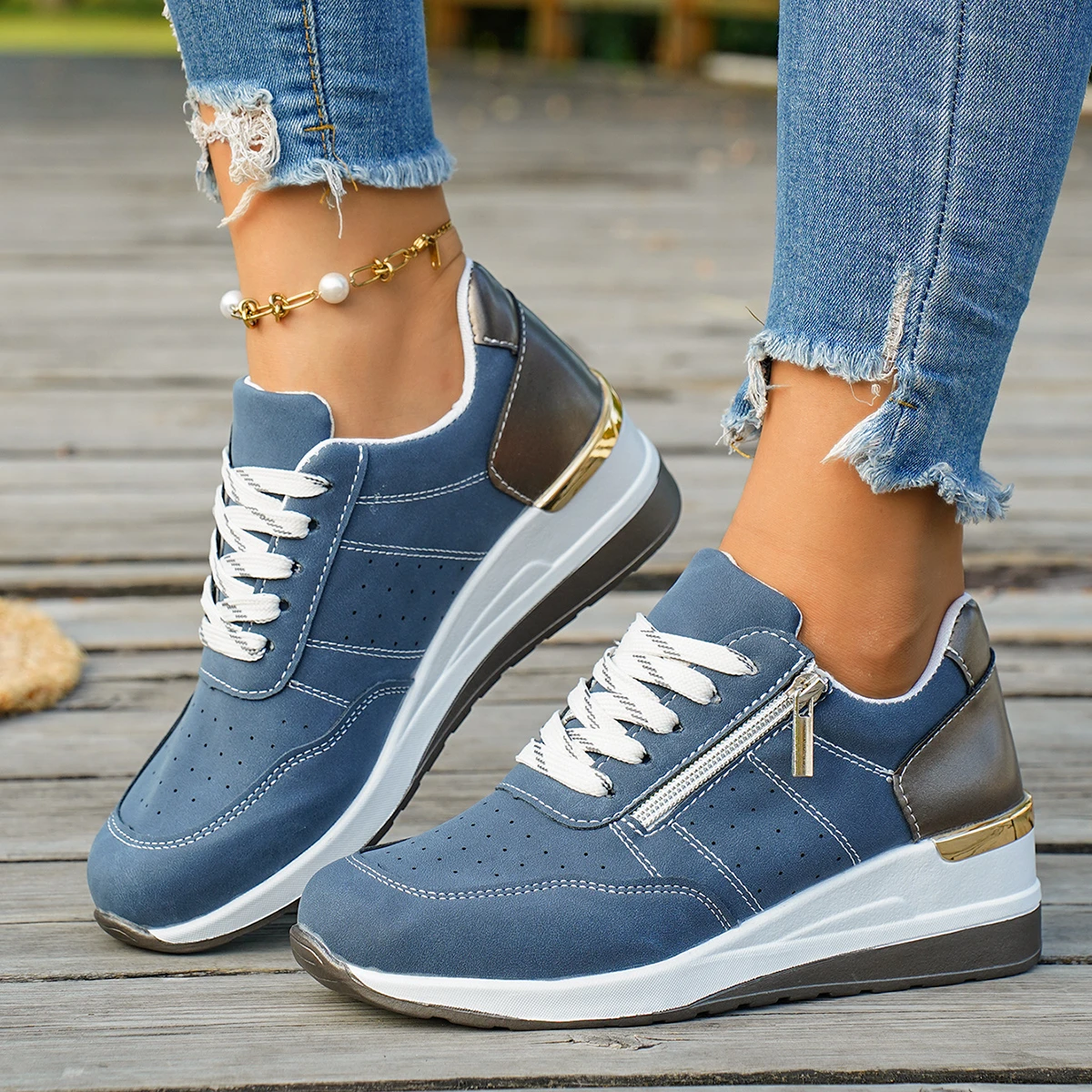 Zapatillas De deporte con cuña para Mujer, Zapatos transpirables antideslizantes con plataforma, zapatillas informales con cordones a la moda para Mujer, Zapatos De talla grande para Mujer