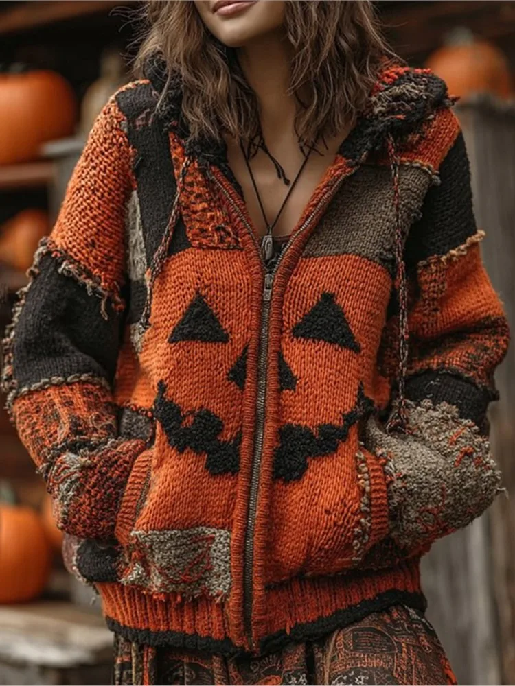 

Women Loose Zipper Sweater Autumn Winter Halloween Spooky Face Patchwork Sweatshirt Fashion Print Long Sleeves Hoodie Sweater