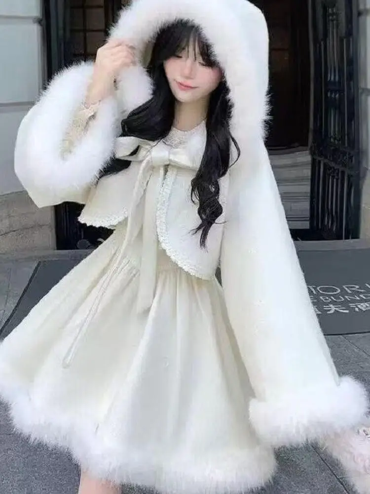 

Adorable Winter Outfit Women's Furry Dr Set Cute Hooded Coat Dr Two-Piece Set Long Sve Zipper Sle Sweet Sle