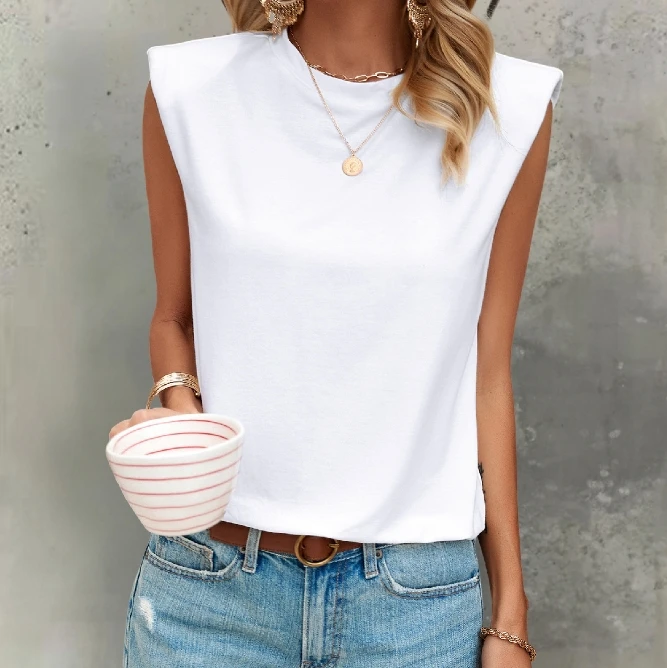 

Casual Women's T-Shirt 2024 Summer Casual White Sleeveless Vest Women's O-Neck Casual Shoulder Padded Vest Sleeveless Loose Top