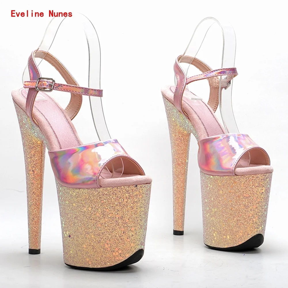 Pink Glitter Catwalk Sandals 2024 Summer Platform New Arrival Thin High Heel Peep Toe Ankle Strap Buckle Model Women's Shoes