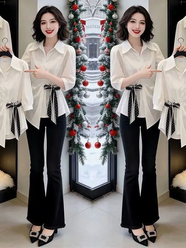 

Elegant Korean Style Shirt Slimming Belted Base Layer Shirt Fashionable Checkered Top Women's Premium Spring 2026