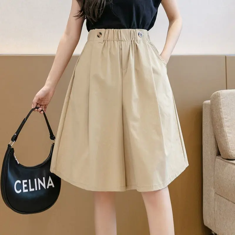 Female Casual Korean Buttons Solid Color High Waist Five Quarter Pants Summer Simplicity Pleated Elastic Waist Wide Leg Pants
