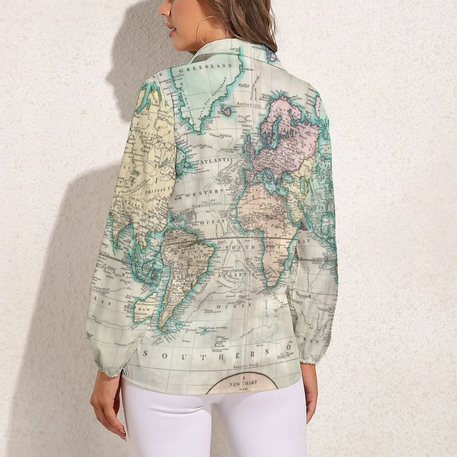 Mapa da terra Blusa Mapa Do Vintage do Mundo Kawaii Impresso Blusas Mulheres Rua Moda Camisa Verão Manga Longa Oversized Top