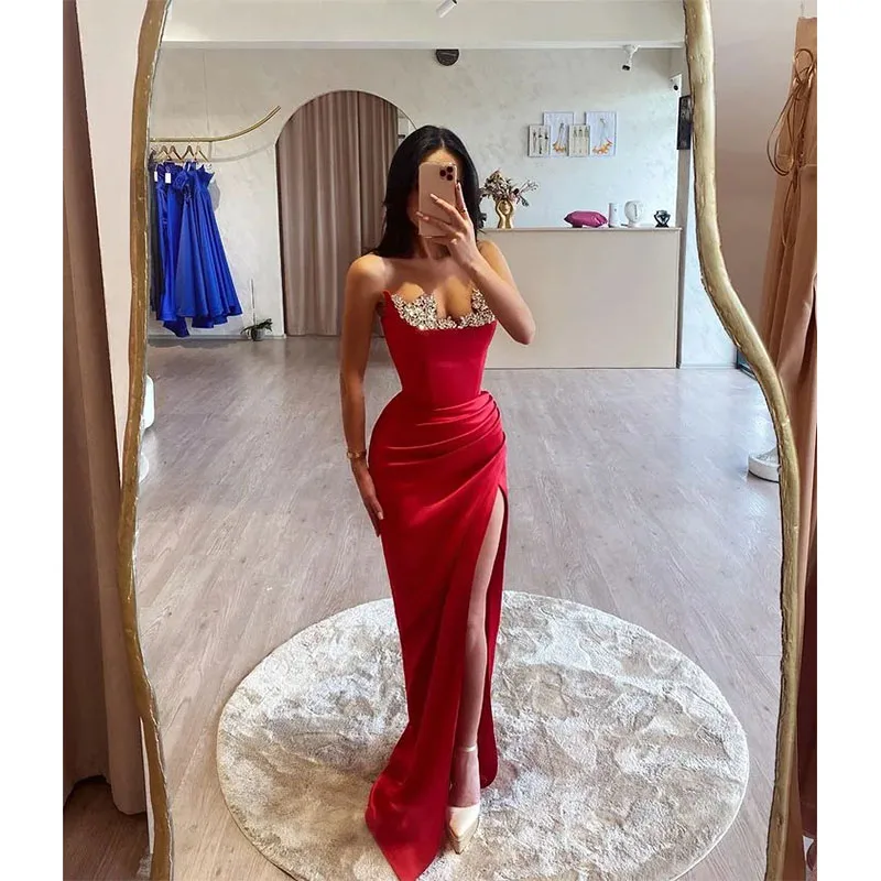 Sexy Red Prom Dresses for Women Sweetheart Crystals High Side Split Special Occasion Dress Birthday Celebrity Evening Gowns