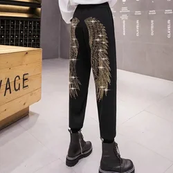 Autumn Harlem Pants with Angel Wing Embroidered Crystal Knit Pants for Women Loose and Comfortable Ankle-Tie Casual Sports Pants