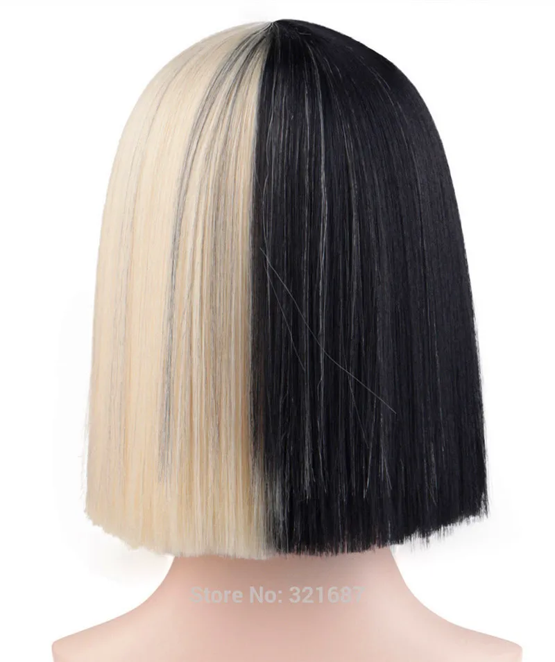 Perruque de Cosplay Sia de haute qualité, frange vivante, garniture aux yeux, demi-noir et blond, cheveux moyens résistants à la chaleur + bonnet de perruque