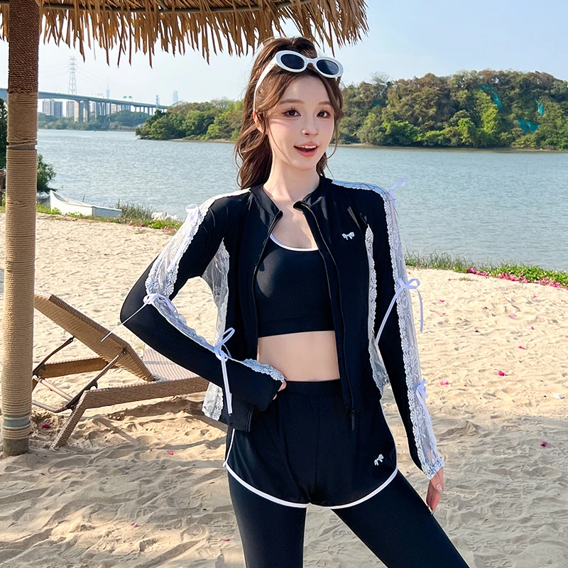 

Women Long Sleeve Plus Size 5 Piece Rash Guard Swimsuits Boyshorts Bikini Top Modest Swimwear with Built-in Pads Pants Surfing
