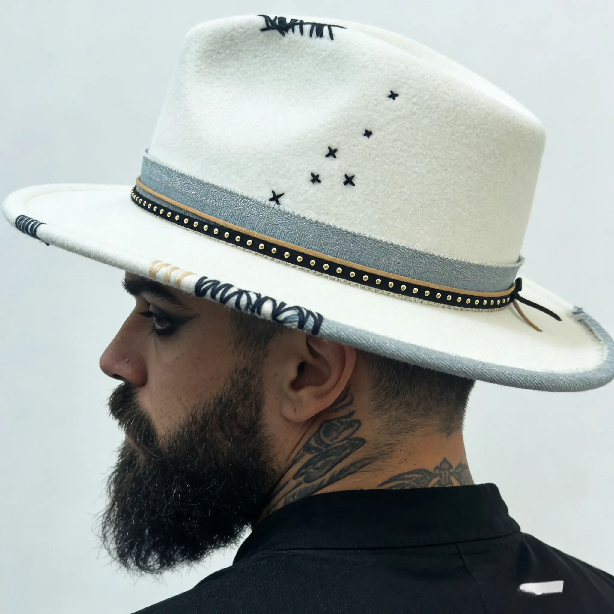 

Fashion Men Handmade Wide Brim Jazz Trilby Fedora Hat Lady Blue Hand Drawn Pop Church Adjustable Size