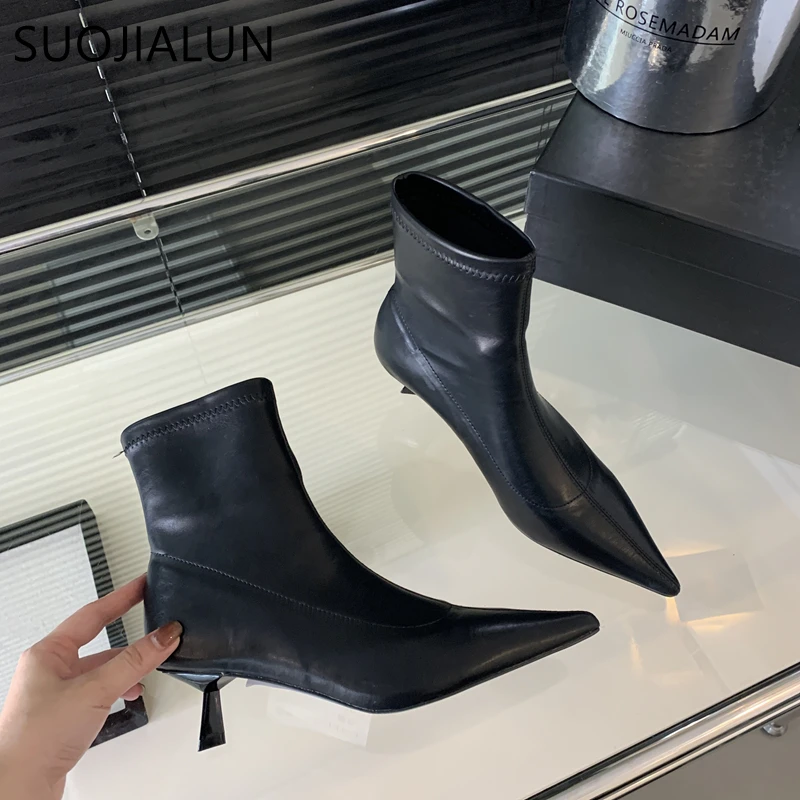 SUOJIALUN 2024 Winter New Brand Women Short Boots Fashion Slip On Ladies Eelgant Chelsea Boots Thin High Heel Dress Short Boots