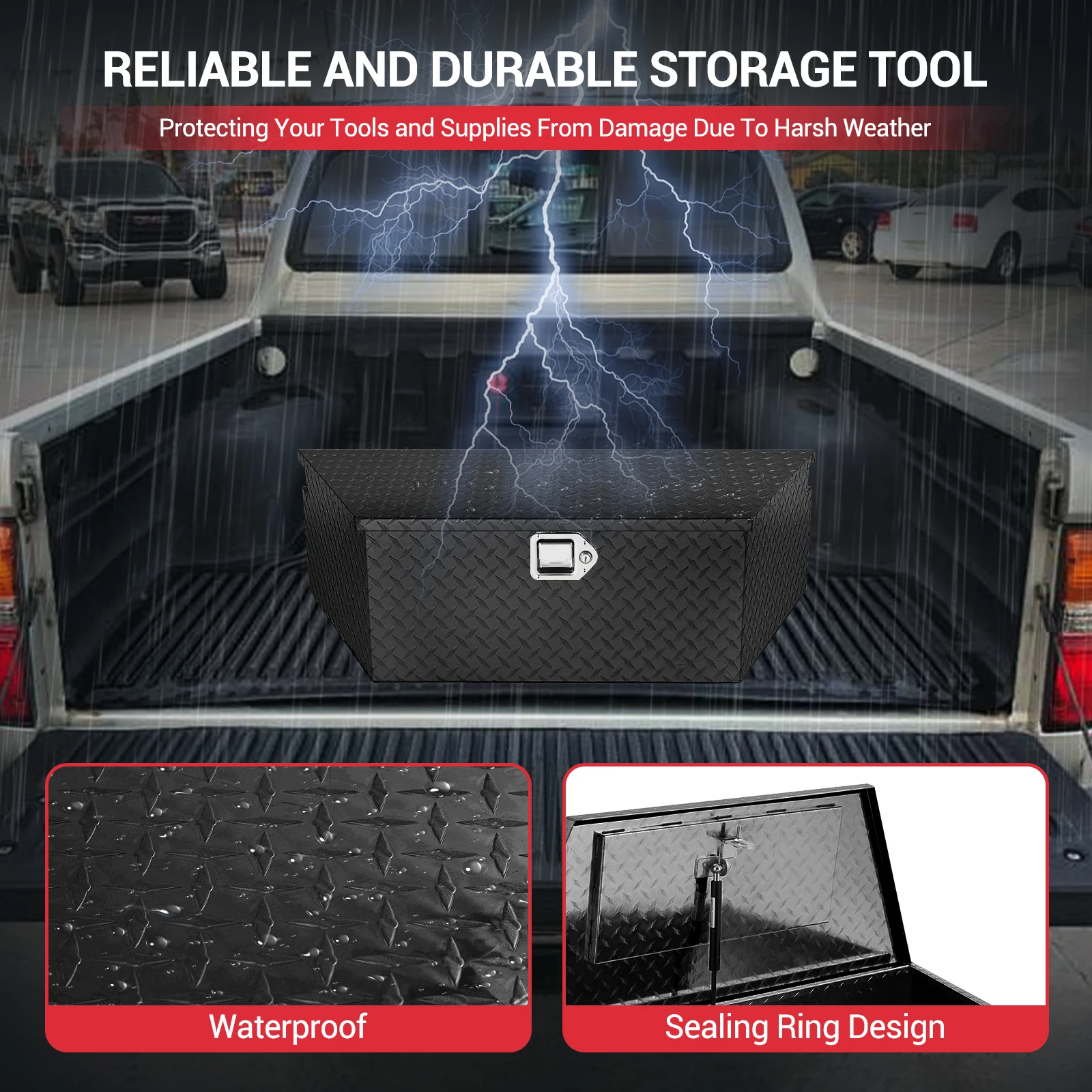 Waterproof Lockable Trailer Tongue Tool Box, Heavy-Duty Aluminum Diamond Plate Underbed/Truck Bed Storage Chest - Lock & Keys, Weather-Resistant for Pickup, RV & Utility Trailers - 33/39 in